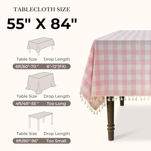 Romanstile Pink Gingham Tablecloth Rectangle, Outdoor Waterproof Linen Cotton Checkered Table Cloth with Tassel, Heavy Duty Wrinkle Free Buffalo Plaid Table Cover for Picnic Camping - 55 x 84 Inch by Romanstile - Used condition - Image 6