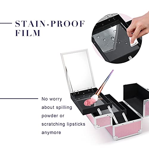 Frenessa Portable Makeup Train Case Cosmetic Box Nail Kit Storage Organizer For Girls Makeup, Nail Tech, Crafter 2 Trays With Mirror Stain Proof Films Makeup Storage Box - Glitter Pink #TOP4
