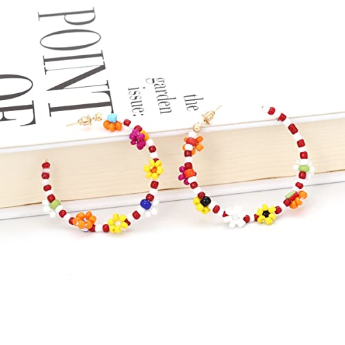 Flower Beaded Earrings For Women,Colorful Floral Hoop Dangle Earrings For Girls,Seed Bead Vacation Boho Fashion Summer Jewelry Gifts #TOP2