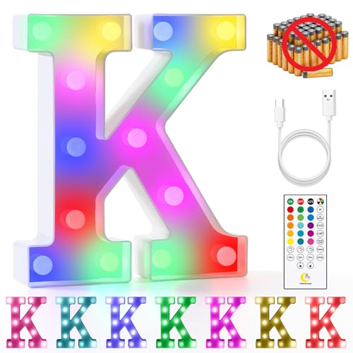mooncow Rechargeable Light Up Letters,Colorful Marquee Letters with Remote,Gift Wrap Gifts,Bedroom Home Bar Party Decor (K)