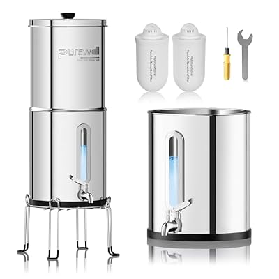 Purewell Upgraded 9-Stage Gravity Water Filter System with Water Level Window, 0.01?m Ultra-Filtration Countertop System with 2 Filters and Stand, Reduce Fluoride & Chlorine, 2.25G, PW-FH-CF