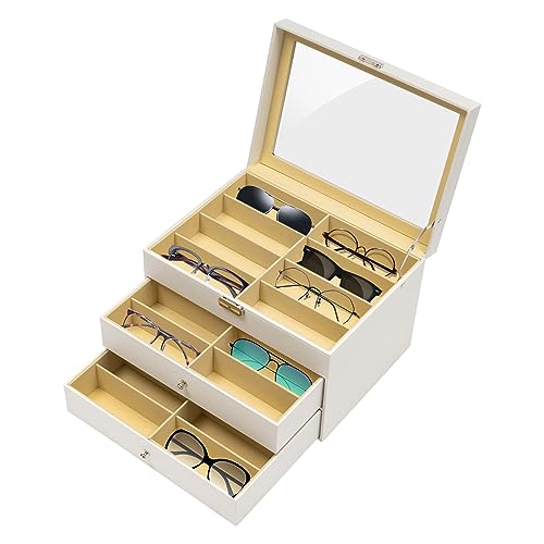 Sengfwin Boîte à lunettes de soleil Boîte de rangement pour 24 lunettes de soleil Rangement plusieurs lunettes 34 x 25 x 19 cm Étui à lunettes de soleil Présentation, Blanc., 34*25*19cm