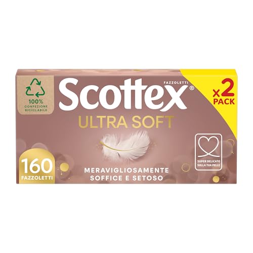 Scottex Ultra Soft Box Fazzoletti di carta, Morbidi e setosi, Confezione 100% Riciclabile, 160 Pz, 2 Box da 80 Fazzoletti