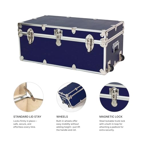 Image of Large Essential Trunk With Wheels, Tray, & Lid Organizer - 32 inchx18 inchx14 inch, 1000+ lbs Capacity. Strong, USA Made Summer Camp Footlocker, and Secure College Dorm Storage Chest
