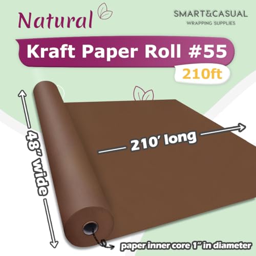 Image of SMART&CASUAL 48 inch x 2,520 inch (210') Coffee Kraft Craft Paper Roll for Gift Wrapping Bulletin Board Bouquet Flower Art Packing Parcel Table Covering 80GSM 55LB (Coffee, 48 inch x 210')