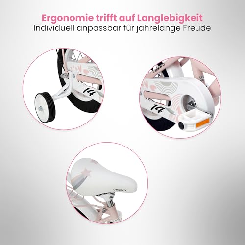 MIRAVO Kinderfahrrad 14 Zoll für Mädchen von 3-5 Jahren mit Stützrädern und Schubstange - Leichtes Fahrrad für Kinder mit Korb - V-Brake Bremsen - Misty Rosa