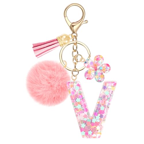 JSRQT Llavero Pompones con Letra Inicial Rosa V para Mujeres