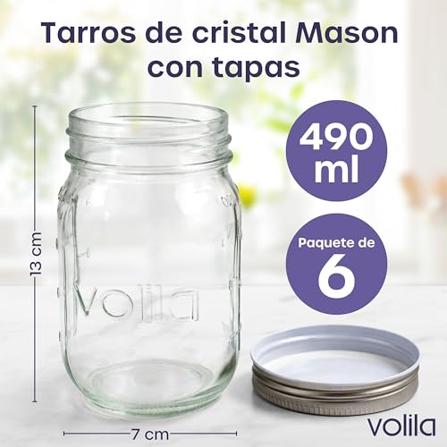 Miniatura 2 de Volila Tarros De Cristal Con Tapa - 490ml Mason Jars Frascos De Vidrio Pack De 6 - Botes Pequeños Para Avena Nocturna Y Mermelada Casera