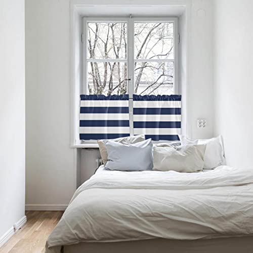 Kitchen Tier Curtains 2 Panels Simple Navy Blue And White Stripes Rod Pocket Cafe Curtain Light Filtering Valance Tiers For Small Windows Nautical Theme Bathroom Short Window Treatment #TOP3