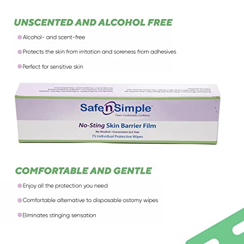 Safe N' Simple No Sting Skin Prep Wipes - 75 Individual Ostomy Barrier Film Wipes - Skin Prep Protective Wipes - Bandage Medical For Skin #TOP3