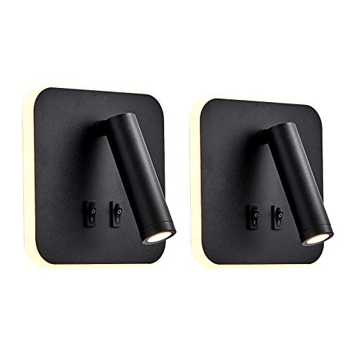 uksunvi LED-Wandleuchte, Nachttisch-Lesewandleuchte, 12W LED Wand-Leselampen, verstellbarer Strahler （3W +9W 3000K Warmes Licht） schwarz (schwarz Quadrat 2PCS)