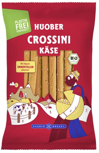 Huober Crossini Käse, Bio Gebäckstangen mit Allgäuer Emmentaler, locker und herzhaft, plastikfrei verpackt, 100 g