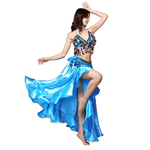 Belly Dance Satin Skirt Split Side Long Skirts Shiny Dance Skirt Festival Performance Clothing For Women (Sky Blue) #TOP4
