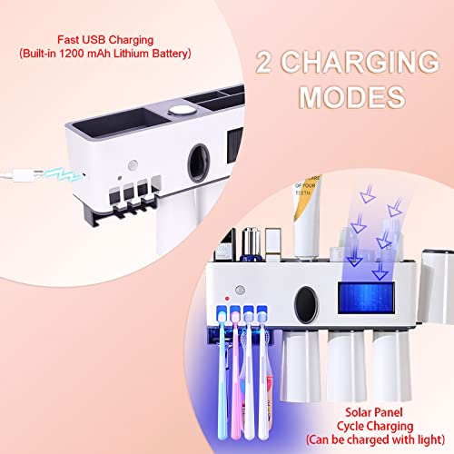 Bathroom Uv Toothbrush Holder Set Wall Mounted,Usb Rechargeable Electric Toothbrush Cleaner Sanitizer Organizer With Toothpaste Dispenser,4 Suction Mugs Cups,Storage Rack,Sterilization Function,White #TOP2