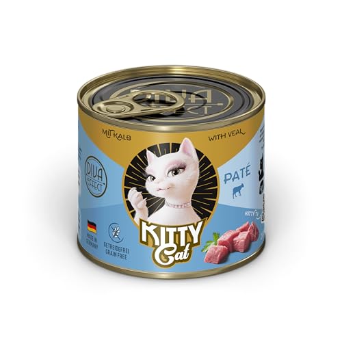 KITTY Cat Paté Vitello, 6 x 200 g, Cibo umido per gatti, senza cereali con taurina, olio di salmone e cozze con labbra verdi, mangime completo ad alto contenuto di carne, Made in Germany