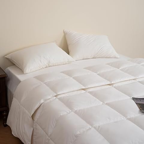 Luxury Feather Comforter Oversized King Size, White All Season Feather Duvet Insert, Luxurious Hotel Bed Comforter with Corner Tabs, Ultra-Soft Cotton Cover, Fluffy and Cozy, White, 120”X 98” Cover
