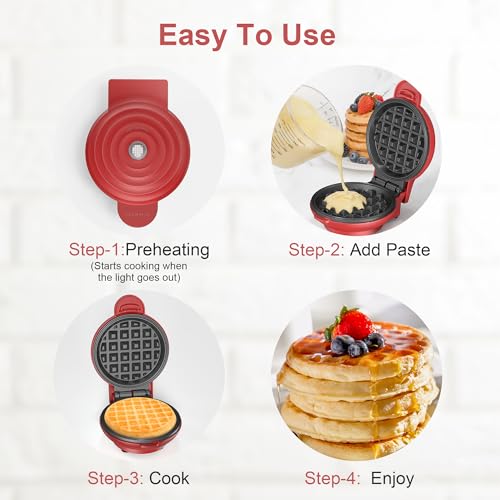 CROWNFUL Mini Waffle Maker Machine, 4 Inch Chaffle Maker with Compact Design, Easy to Clean, Non-Stick Surface, Recipe Guide Included, Perfect for Breakfast, Dessert, Sandwich, or Other Snacks (Red)