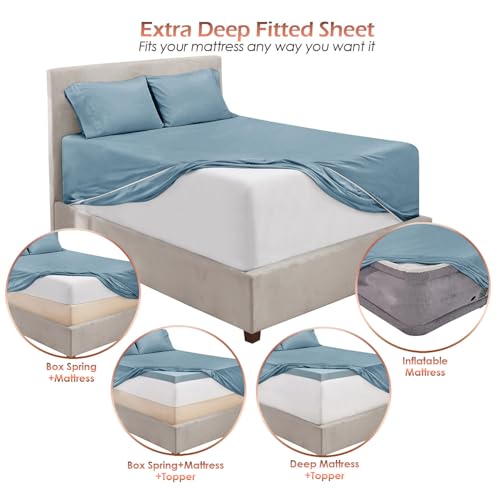Image of Hearth & Harbor Extra Deep Pocket Sheet Sets, Luxury Soft 6 Piece Bed Sheet Set Fits Mattress 18-24 Inches - Queen, Stone Blue