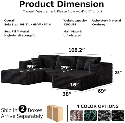 MoonSpeak 106" Sectional Boneless Couch for Living Room,Modern Modular Cloud Couch with Deep Seat,Upholstered Sleeper Sofa with 2 Ottoman,Convertible Folding Couches,No Assembly (Black) - Thumbnail 3