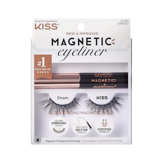 KISS Magnetic Eyeliner & Lash Kit, Charm, 1 Pair of Synthetic False Eyelashes With 5 Double Strength Magnets and Smudge Proof, Biotin Infused Black Magnetic Eyeliner with Precision Tip Brush