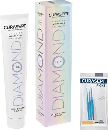 Curasept Diamond Luxury Whitening Dentifricio Sbiancante Professionale | Sbiancante ad Azione Profonda | Kit con Scovolini Omaggio | Denti Bianchi Senza Sensibilità
