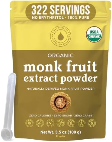 Organic Monk Fruit Extract Powder, 3.5 oz, Pure USDA Organic Monk Fruit Sweetener, Non-GMO, No Fillers, Zero Calories, Zero Carbs, Keto & Paleo Friendly Sugar Substitute, 322 Servings