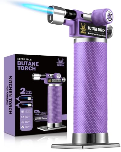 RAVS 2 Flame Modes Butane Torch Lighter, Refillable Kitchen Torch, Purple | Premium Metal Kitchen Torch with Adjustable Flame & Safety Buckle for Industrial, DIY, BBQ, Cooking Torch, Unique Mens gifts