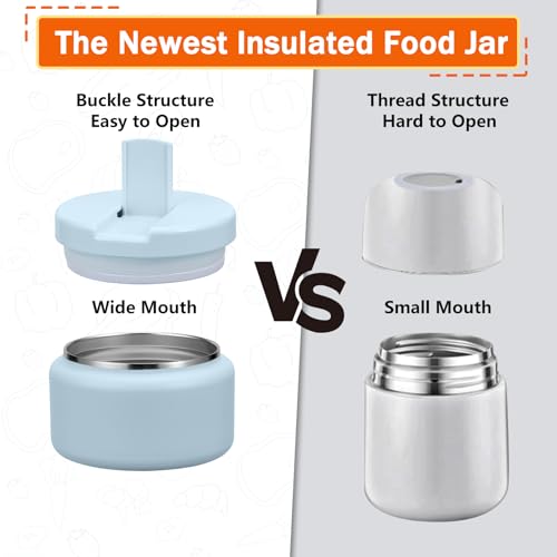 Reeple 13.5oz Kids Jar for Hot Food, Insulated Vacuum Food Jar with Buckle Lid, Stainless Steel Wide Mouth Leak Proof Insulated Lunch Container for School Picnic Travel, Blue