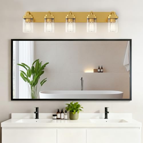 Image of Brushed Gold Bathroom Light Fixtures, 5 Lights Bathroom Lighting Fixtures Over Mirror, Square Design & Rectangle Large Backplate, Modern Vanity Lighting Fixtures, for Living Room /Bedroom