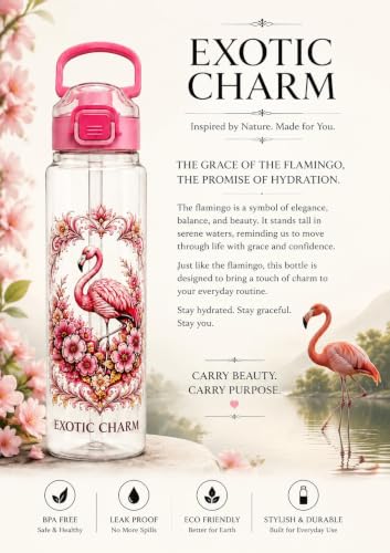 Image of Exotic Charm Flamingo Printed Water Bottle 1 Litre with Straw & Gulp Drinking