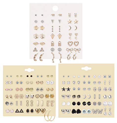 Thunaraz 81Pairs Small Stud Earrings Set For Women Men Triangle Circle Bar Star Moon Geometric Leaf Arrow Flower Bow Cz Ball Faux Pearl Hoop Dangle Earrings Set #TOP1