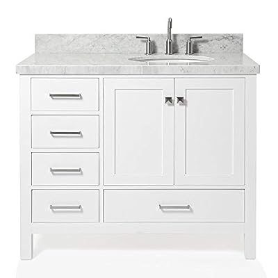 ARIEL 43" inch Right Offset Oval Sink White Bathroom Vanity Cabinet with Carrara White Marble Counter-top | 2 Soft Closing Doors and 5 Full Extension Dovetail Drawers | No Mirror