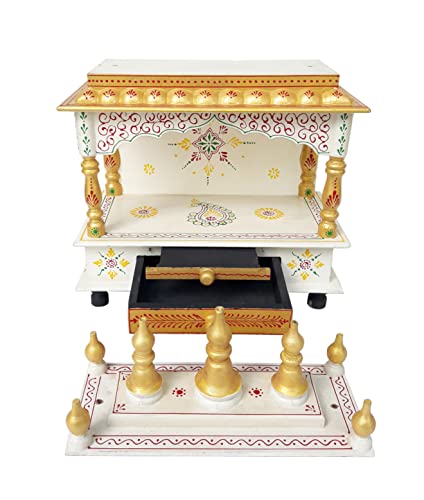 Image of Hindu Hand Crafted Wooden Puja Mandir with Drawer Religious Home Decor Wood Art and Craft Temple for Home /Office