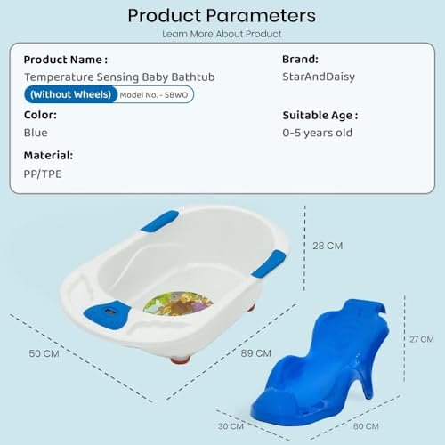 Image of StarAndDaisyBath Tub for 0 to 3 Years /Newborn Baby Bath Tub /Infants Bathtub with Temperatures Sensor & Baby Bath Seat /Sling, Antislip Baby Bath Tub with Bath Chair (White-Blue)