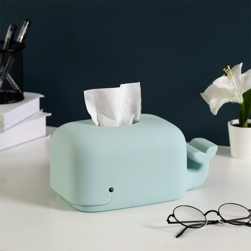 Tissue Box Cover Holder, Square Facial Tissue Case, Silicone Whale Facial Paper Box Cover with Phone Holder for Tabletop, Bathroom, Car, Office