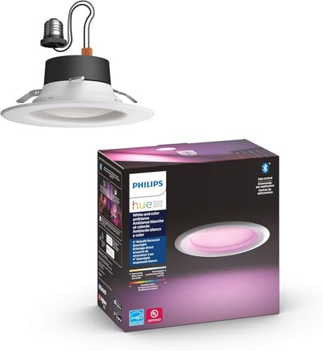 Philips Hue White & Color Ambiance 4" Smart LED Retrofit Can Downlight, Color Changing, Bluetooth & Zigbee Compatible (Hue Hub Optional), Smart Ceiling Lighting by Philips Hue - Used condition - CA$47.62