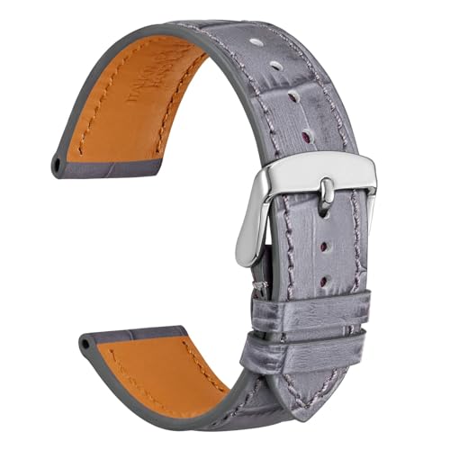 Image of WOCCI 20mm Leather Watch Strap for Men and Women, Italian Leather, Embossed Alligator Grain, Silver Buckle (Grey)