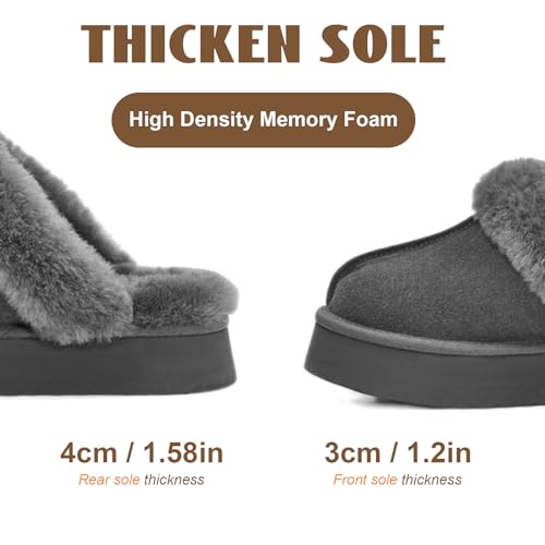 OOW Grey Fuzzy Platform Slipper for Women, Cozy Indoor/Outdoor Winter Slipper, Memory Foam Sole, Faux Fur Lined, Non-Slip, Machine Washable for Women, Size 5 by OOW - Used condition - Image 5