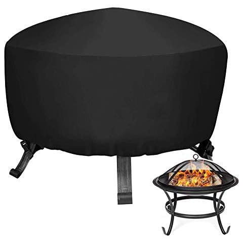 Round Fire Pit Cover - Waterproof Outdoor Fire Pit Cover with Hem Cord + 2 Adjustable Release Buckles, Durable 420D Oxford Wood Fire Pit Cover Fire Bowl Cover Cover
