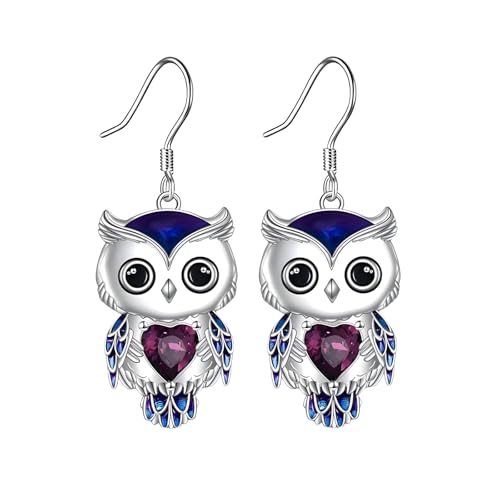 Owl Earrings for Women Silver Plated Birthstone Owls Dangle Earrings(Owl)