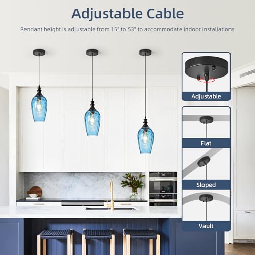 AIBISOD Pendant Lights Kitchen Island, Hanging Lighting Fixtures Dark Blue Water Ripple Glass Lamp Shade Black Pendant Light Fixtures for Kitchen Island Bedroom Living Dining Room Light Fixture by AIBISOD - Used condition - Image 3