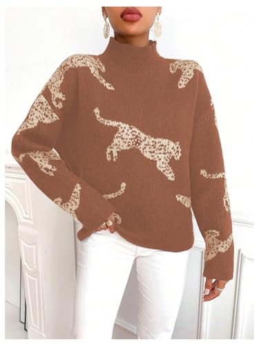 Image of WDIRARA Women's Leopard Tiger Print Sweater High Neck Long Sleeve Fuzzy Knitted Pullover Top