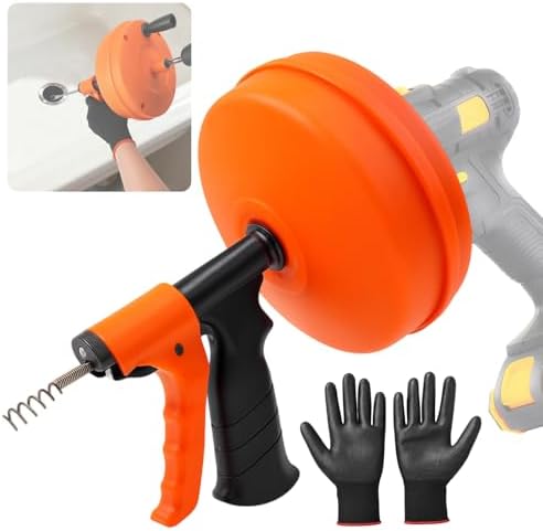 Noliven 50FT Drain Snake, Flexible Steel Drain Auger with Drill Adapter, Manual or Powered Plumbing Snake with Gloves and Storage Bag, for Shower and Bathtub Clogs, Orange