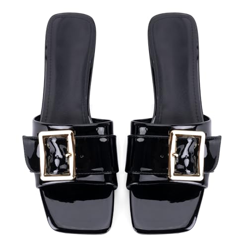 Image of Women's Slide Heeled Sandals Opened Square Toe Chunky Block Heel Slippers with Buckle Slip on Casual Comfortable Pumps