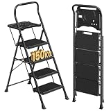 SONGMICS Escaleras Plegables, 4 Steps Folding Ladders con Bandeja | Plegable Ladder for Home, Office, Garden, Load 150 kg, Non-Slip Pedals, 161 x 45.5 x 7.5 cm, Negro GSL204BZ01