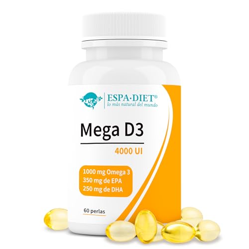 Espadiet Mega D3 - Vitamina D3 4000UI con Omega 3 EPA + DHA, Mayor Absorción y Más Asimilable, Suplemento Vitaminico para el Bienestar General, Huesos y Músculos - 60 Perlas (2 Meses)