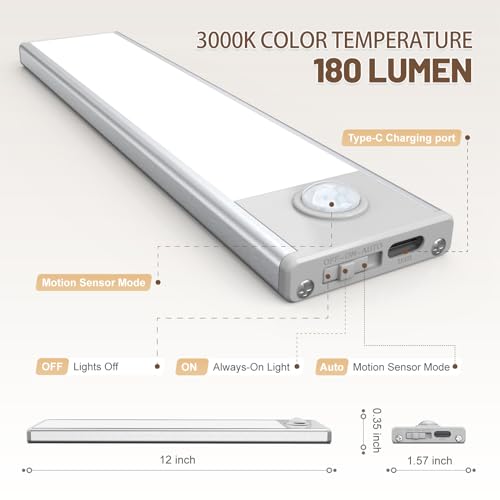 Image of 6 Pack Under Cabinet Lighting Wireless, 50 LED Rechargeable Battery Motion Sensor Light Indoor, Stick On Magnetic Closet Lights, Under Counter Lights for Kitchen, Stairs, Warm 12 in