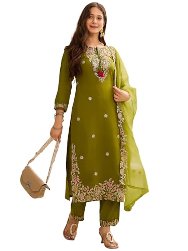 Image of Naixa Women's Rayon Embroidered Straight Kurta with Pant and Dupatta Sets (NX2-741)