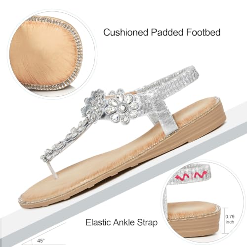Image of iCKER Women Flat Thong Sandals Rhinestone Sparkly Boho Elastic Ankle Strap | Elastic ankle strap，non‑slip,matches summer dresses,for vacation,wedding,evening and festival