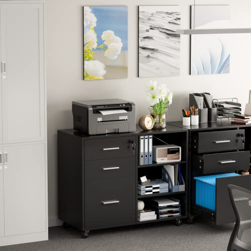 Furniwell Mobile Wood File Cabinet With Lock, 3 Drawer Office Lateral Filing Cabinet Printer Stand With 3 Open Adjustable Storage Shelves For Home Office (Black) #TOP3